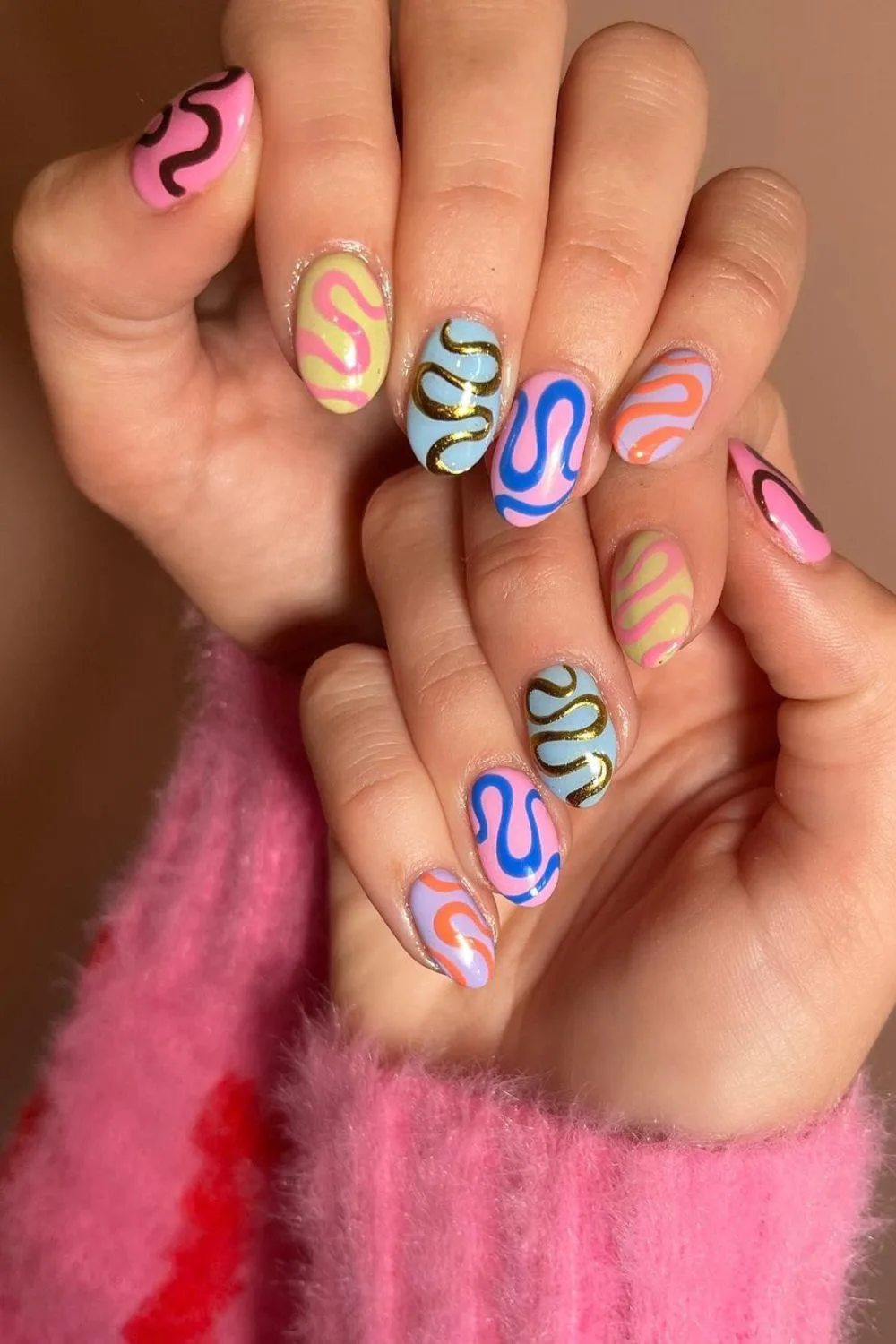 Skittle nails with funky squiggles