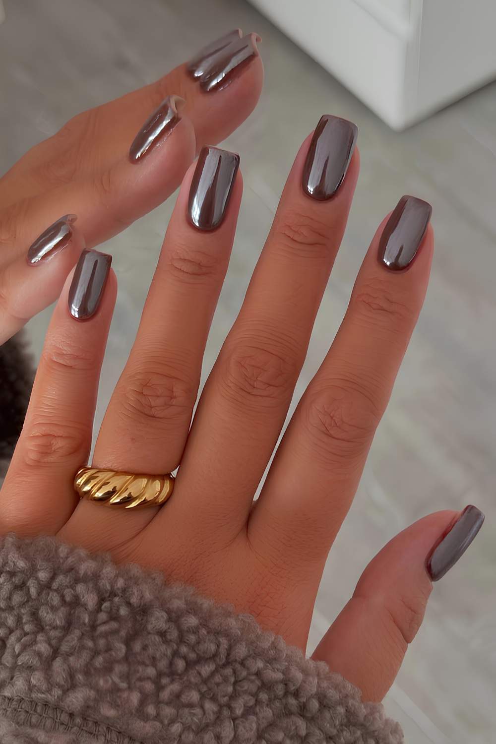 Square brown chrome nails