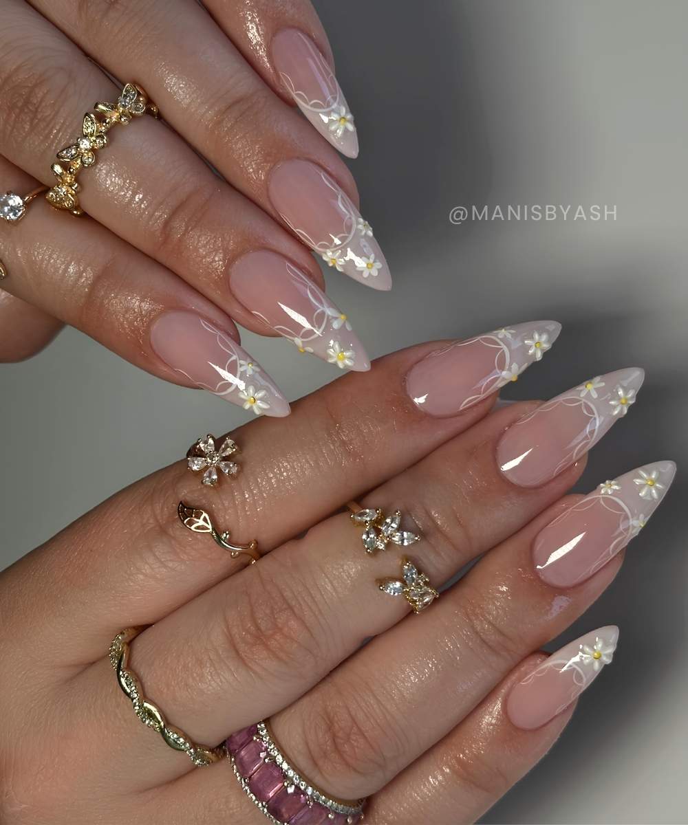 Taupe French tips with lace and floral art