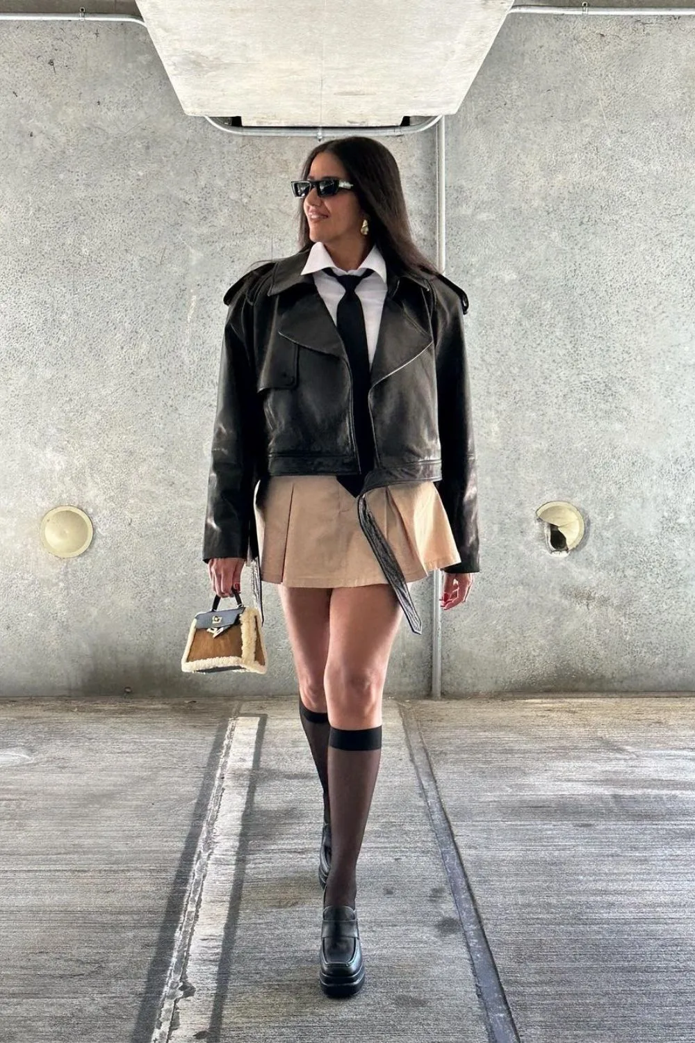 Tie & Mini Skirt with Leather Jacket