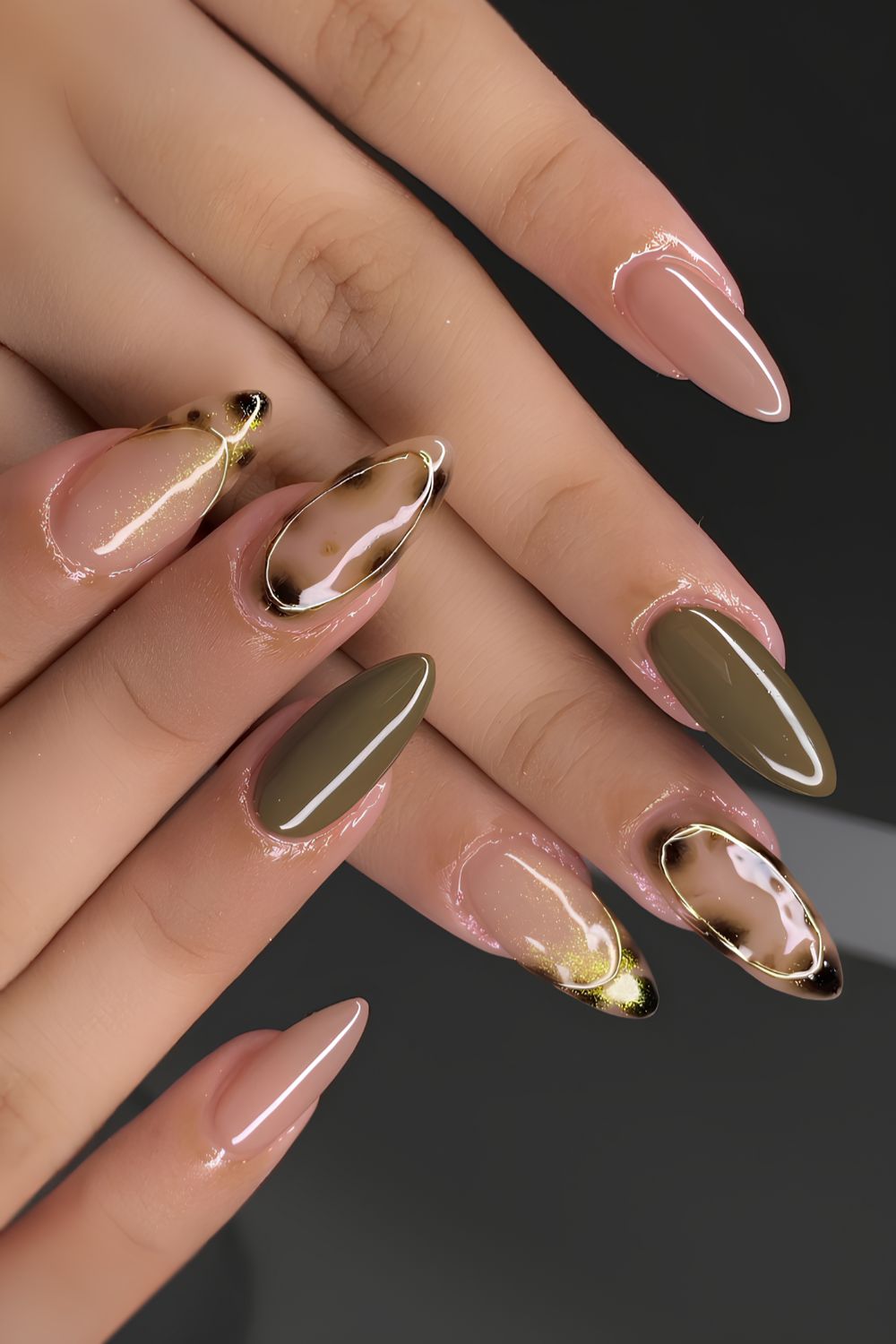 Tortoise shell nails with olive green accents