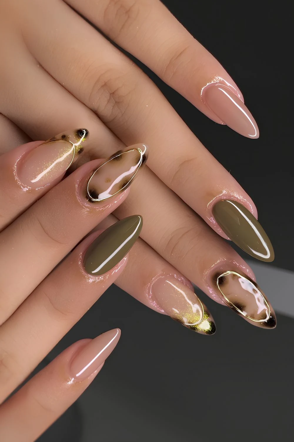 Tortoise shell nails with olive green accents