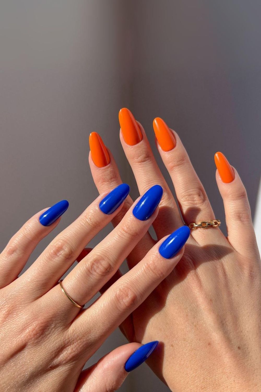 Two tone nails in blue and orange