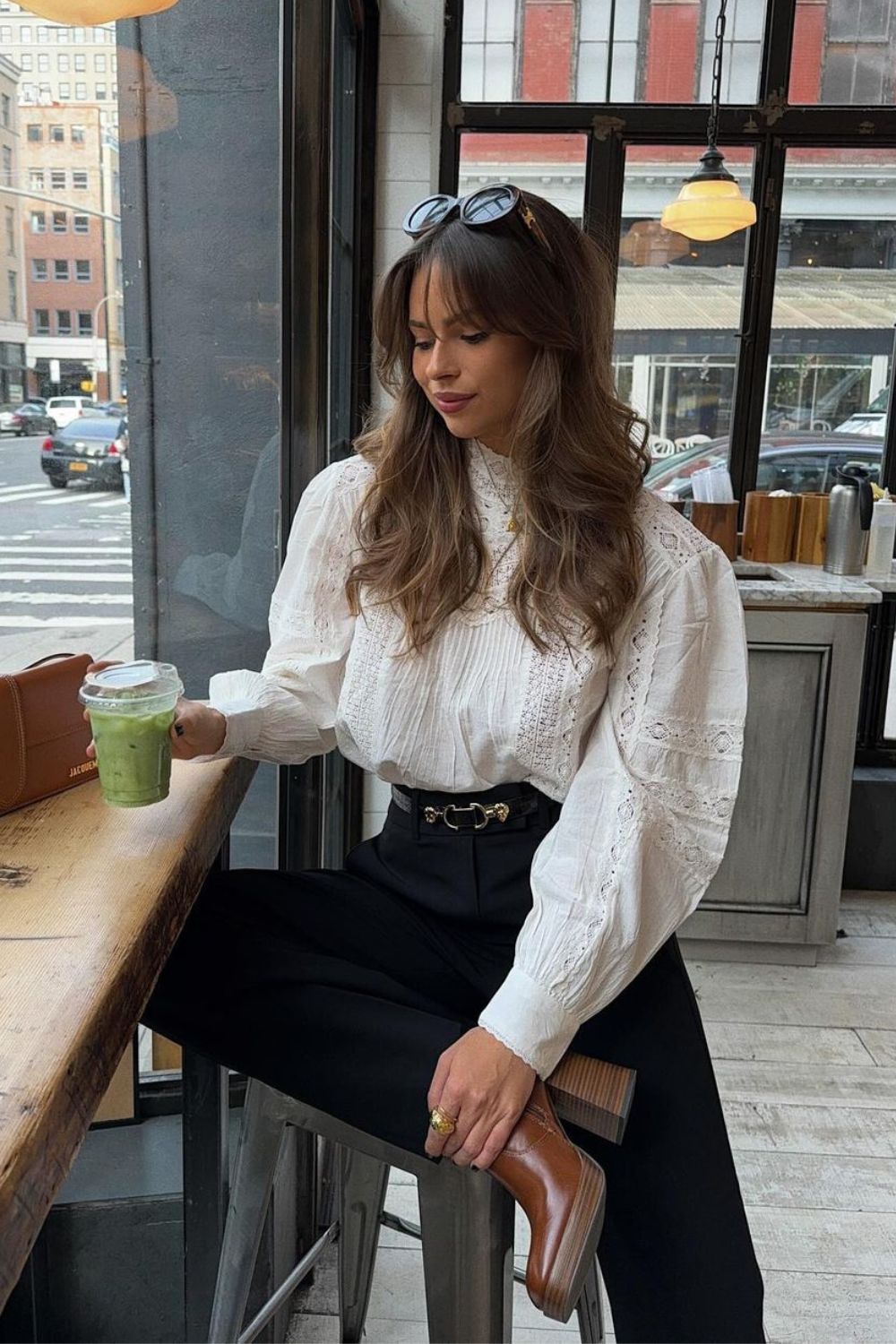 White Blouse with High-Waisted Pants