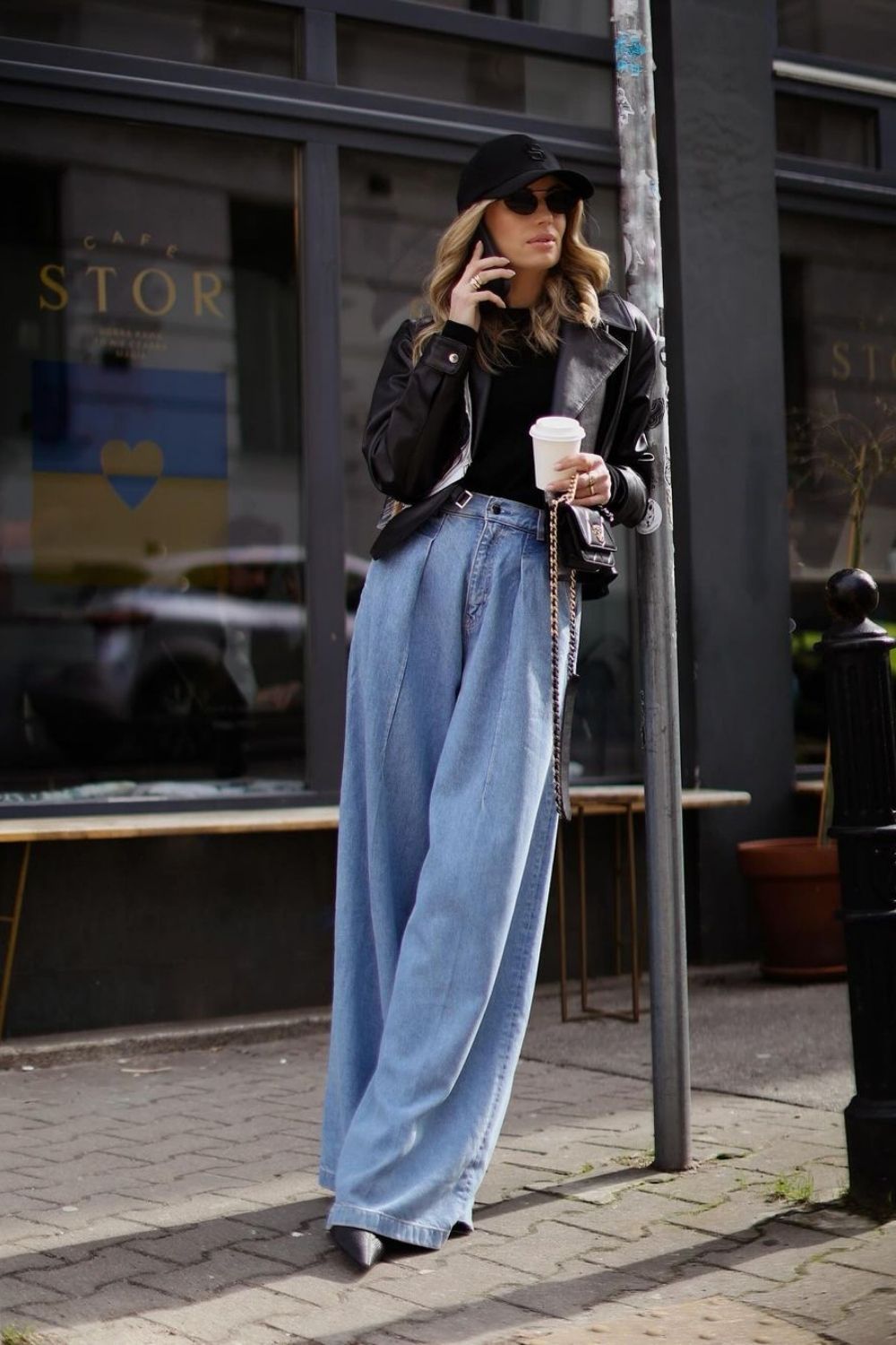 Wide-Leg Jeans & Black Jacket