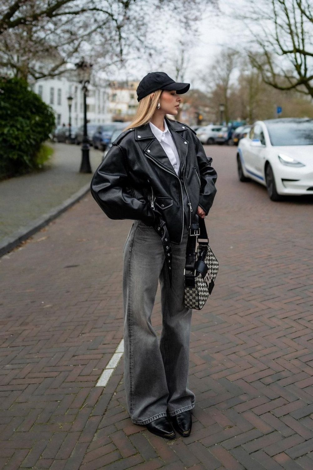 Wide-Leg Pants & Black Leather Jacket