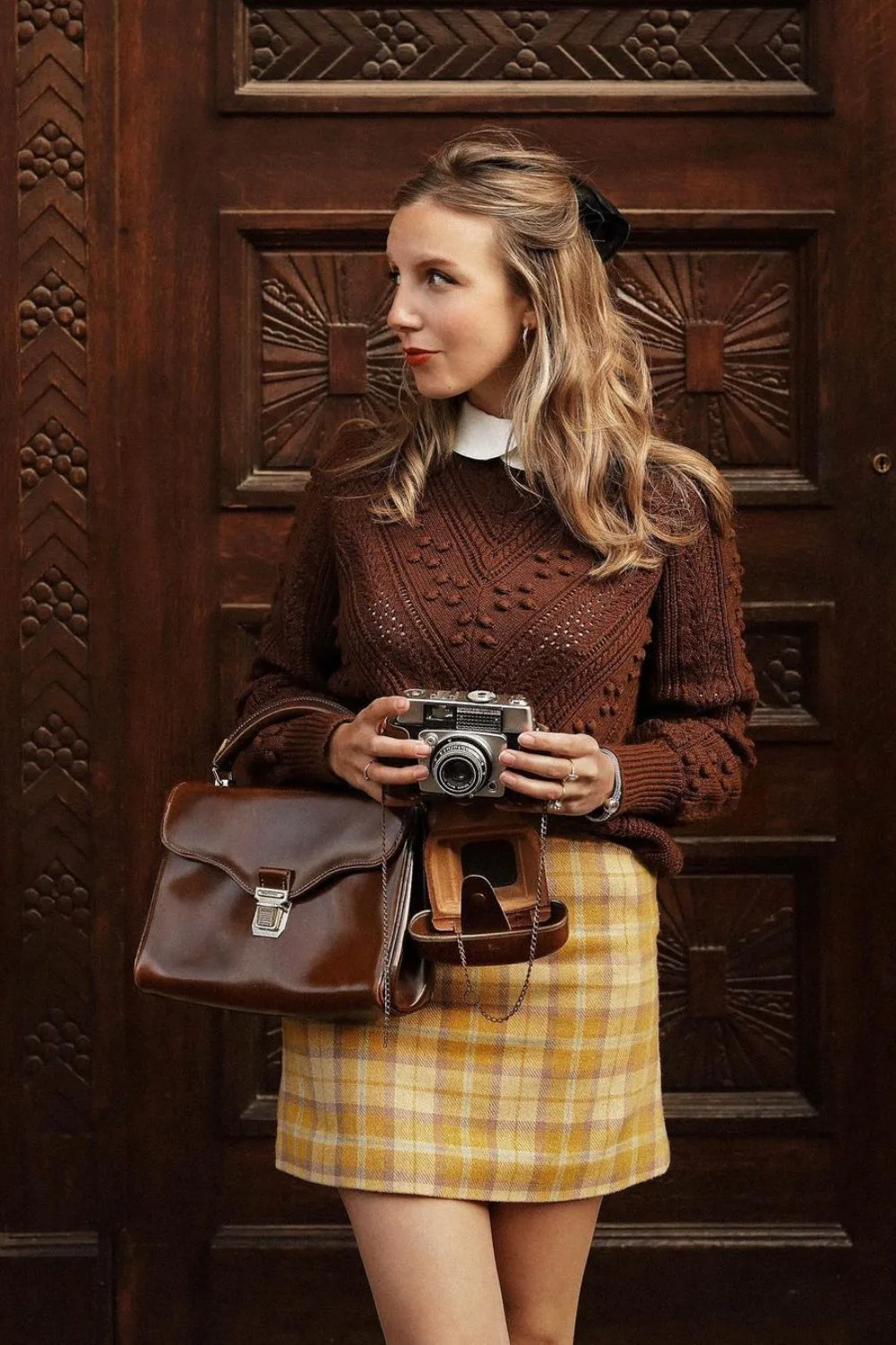 Yellow plaid mini skirt with textured brown sweater