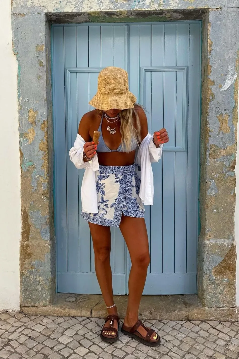 blue and white print shorts