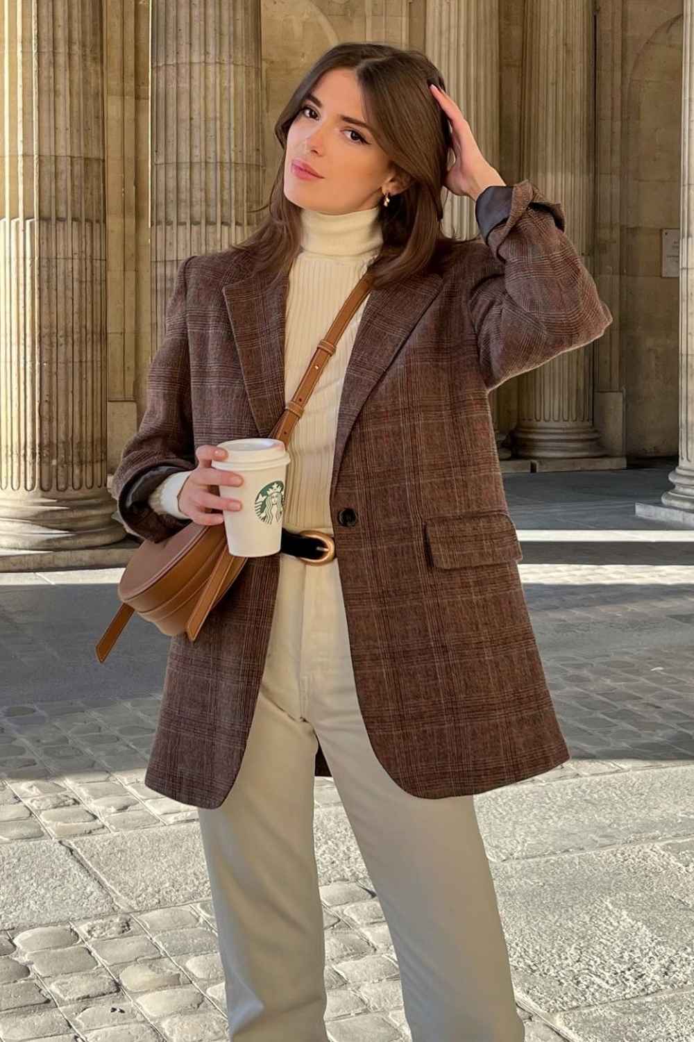brown checked wool blazer with cream turtleneck and jeans