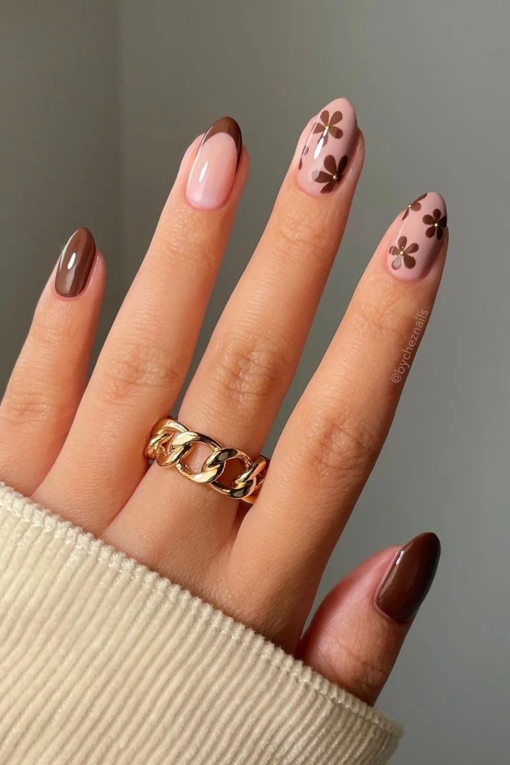 brown floral nails