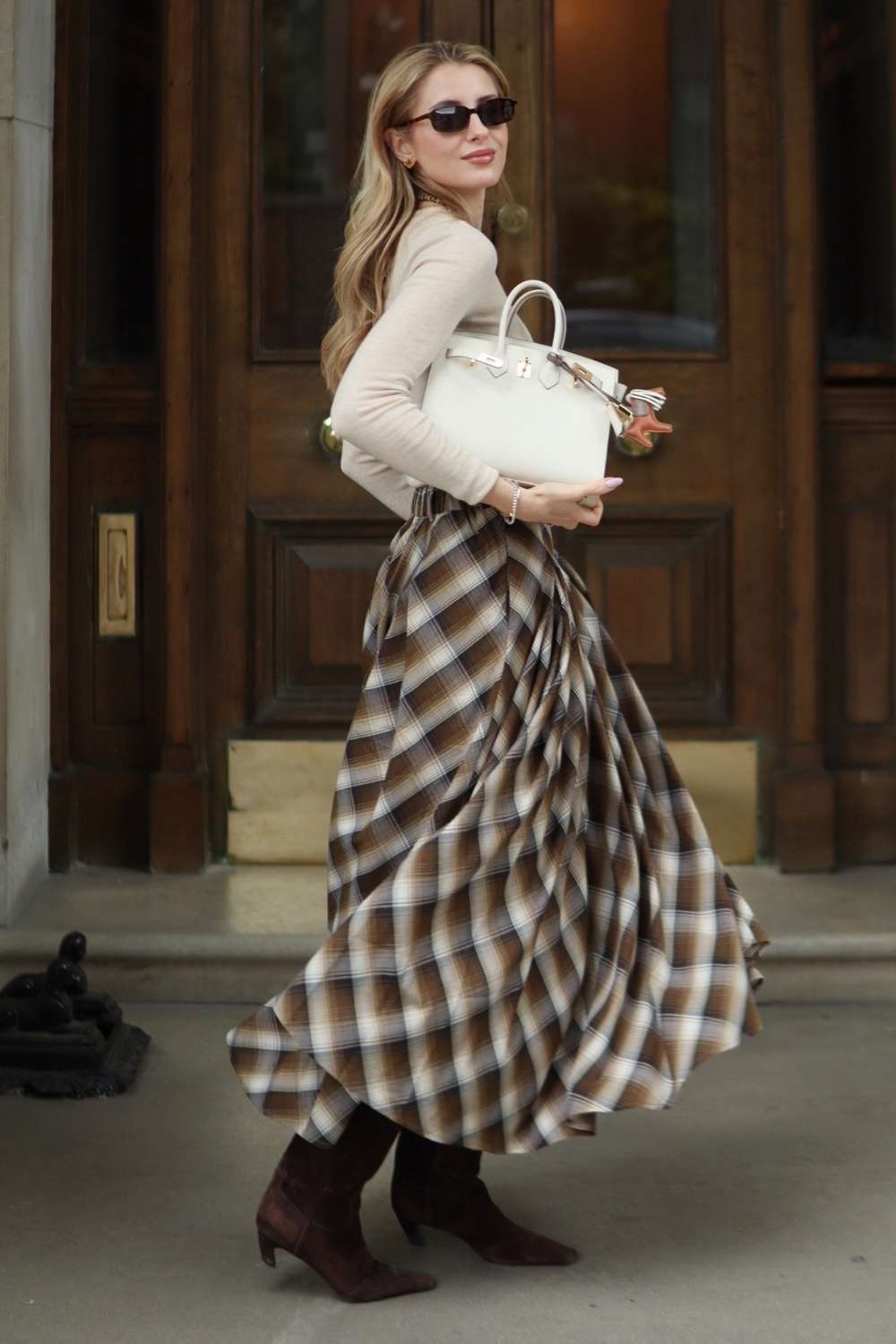 brown plaid skirt with suede boots
