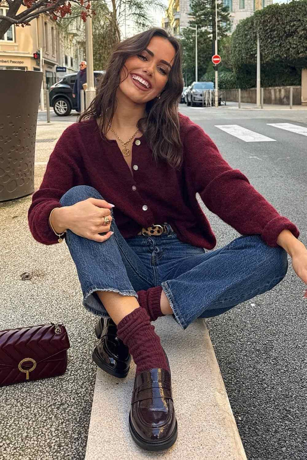burgundy cardigan with jeans and loafers