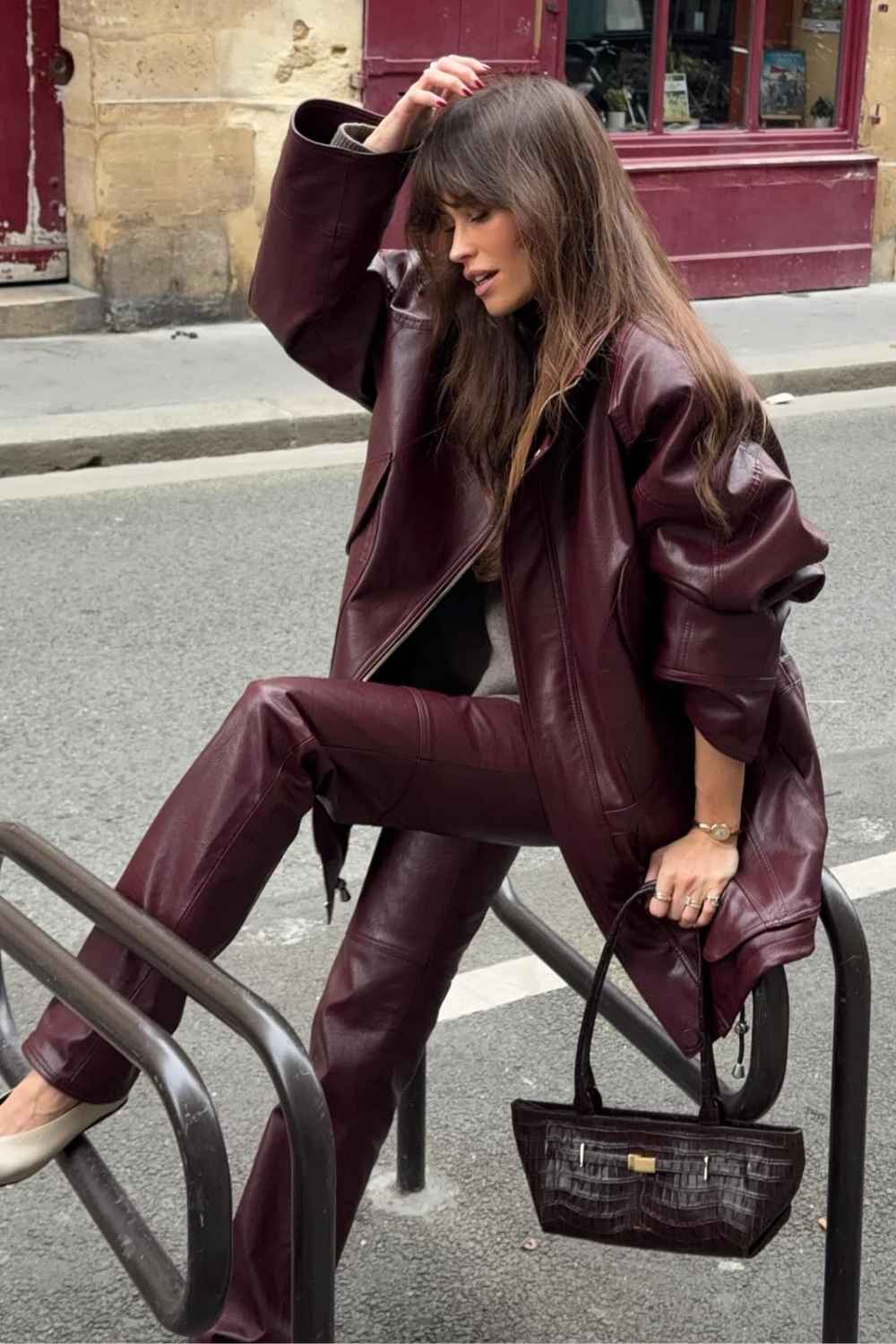 burgundy leather jacket with matching leather pants
