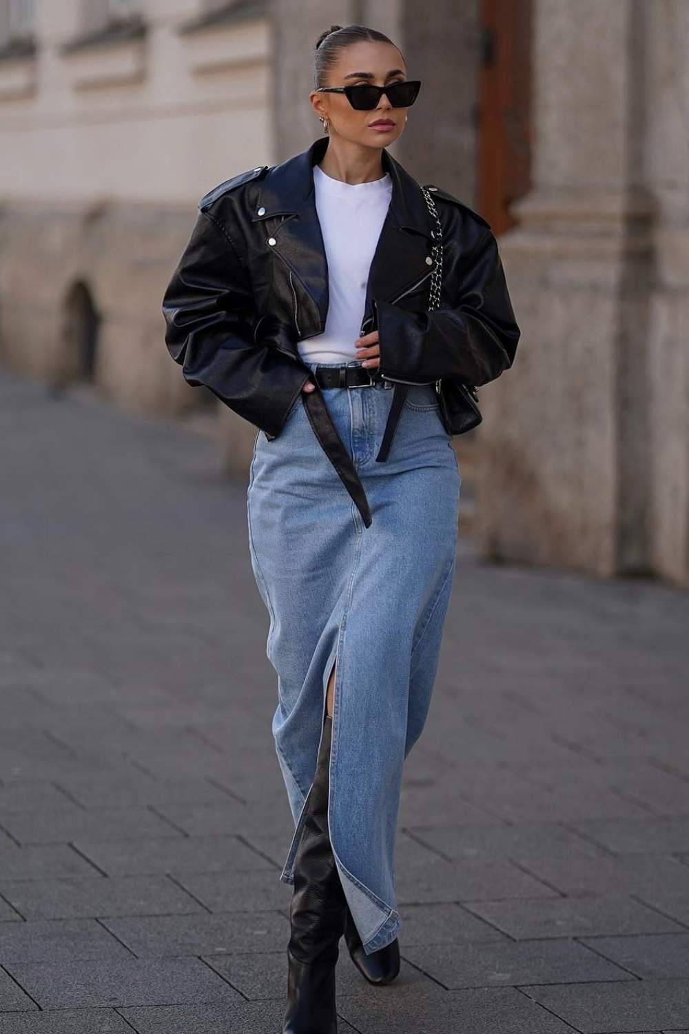cropped leather jacket with denim maxi skirt