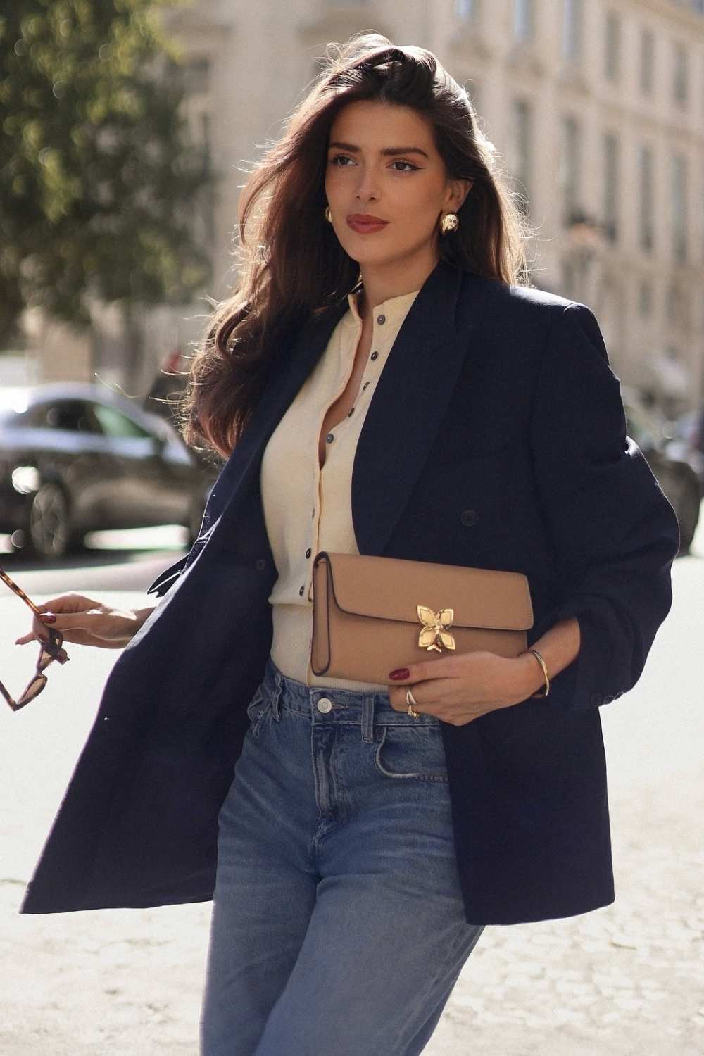 navy blazer with knit and light wash jeans