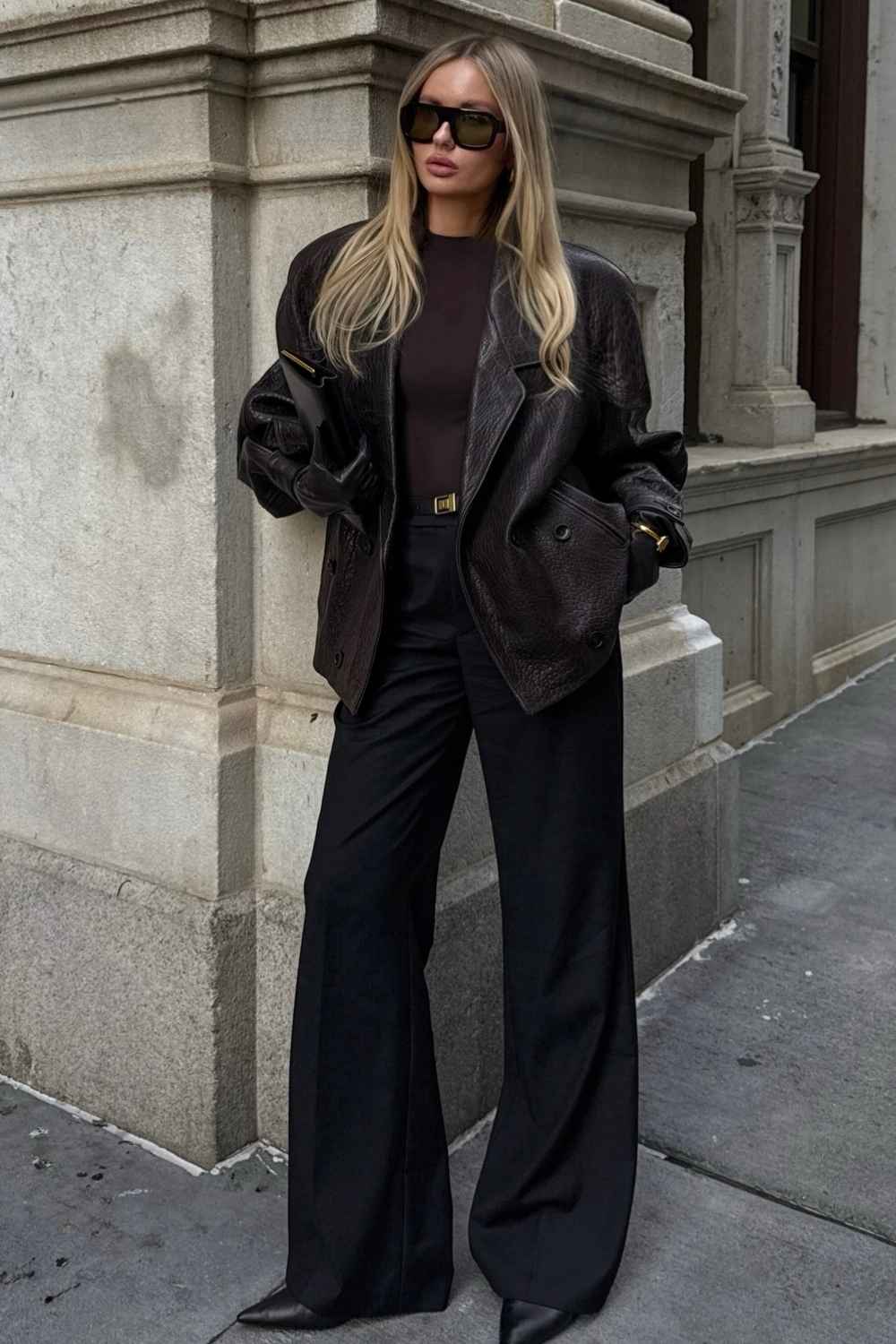 oversized leather blazer with black wide leg pants