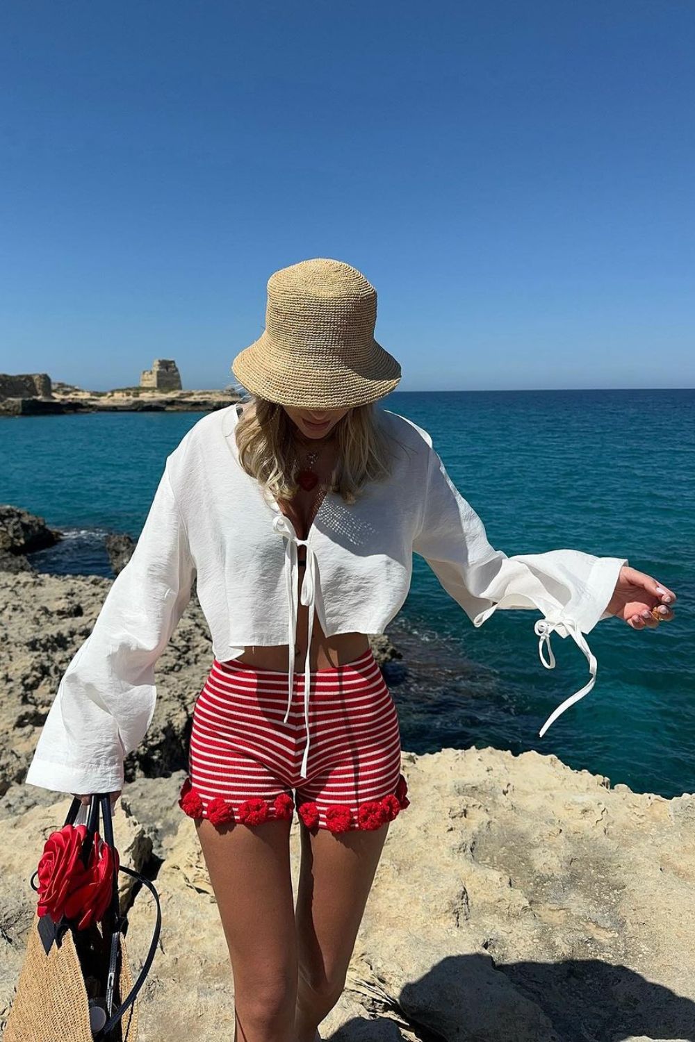 striped shorts and tie-front shirt