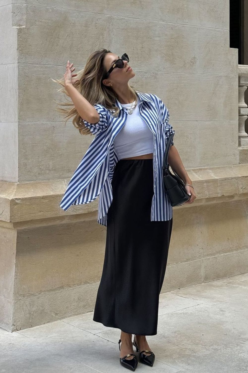 striped Shirt & Black Skirt