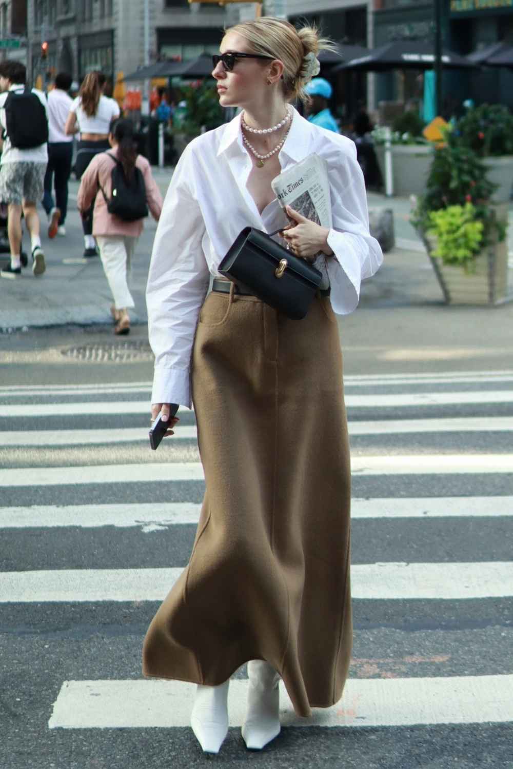 white button down shirt with camel wool maxi skirt
