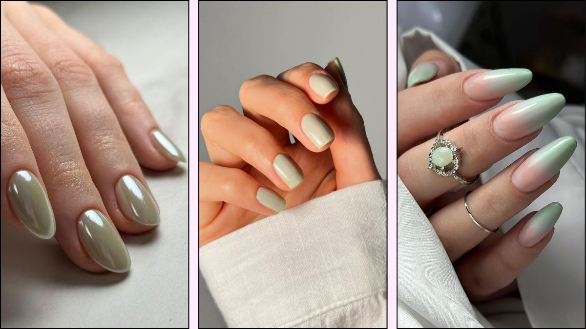 a collage of three pistachio butter nail ideas