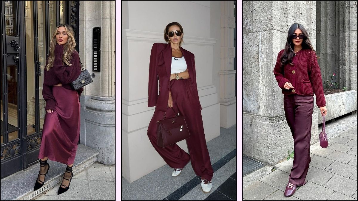 a collage of three burgundy fall outfits