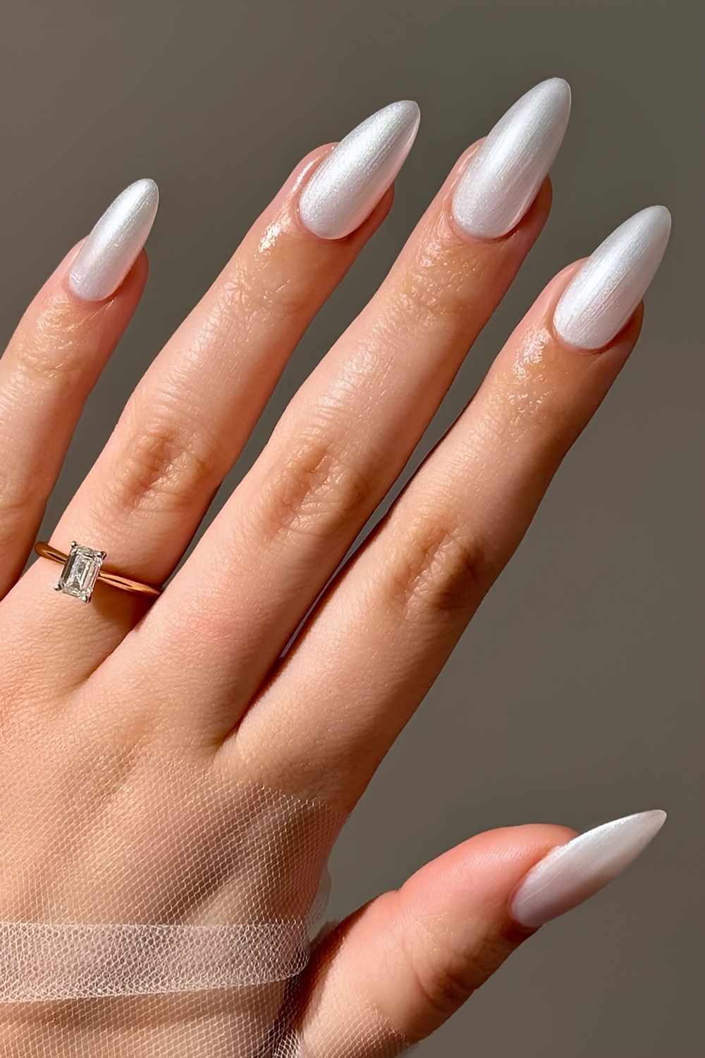 Almond white satin manicure
