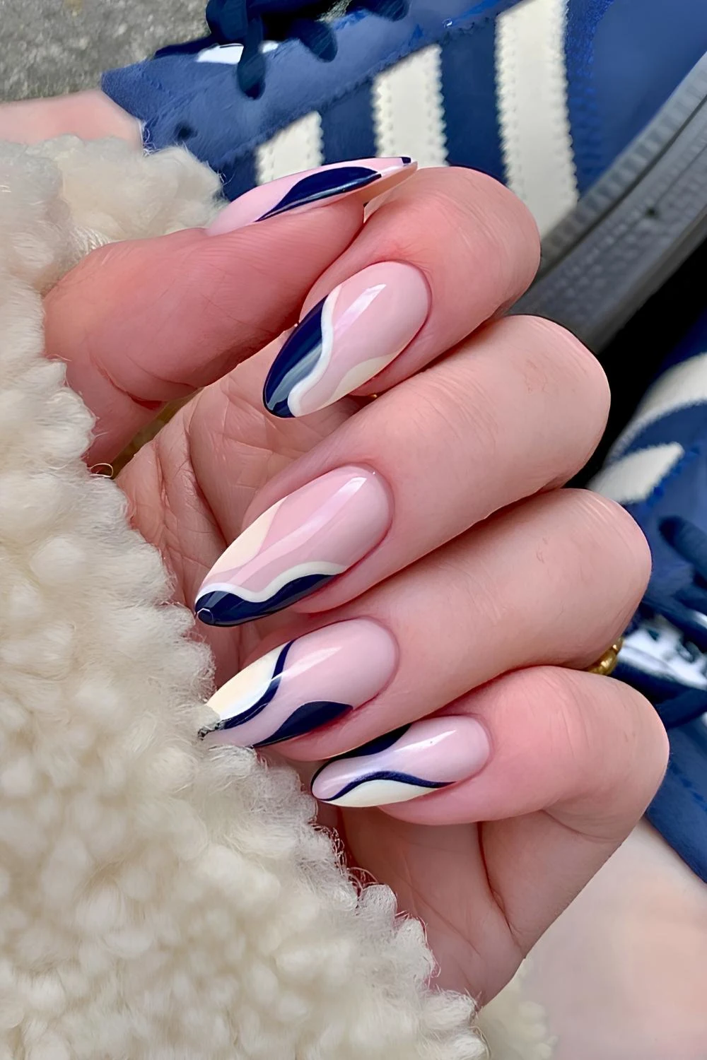 Beige and navy blue fall manicure
