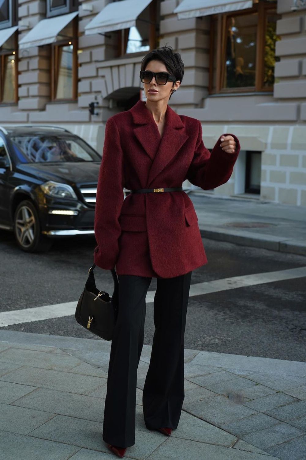 Belted burgundy Coat & Black Trousers