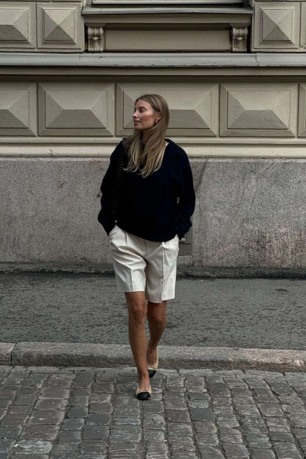 Black Sweater & Cream Bermudas