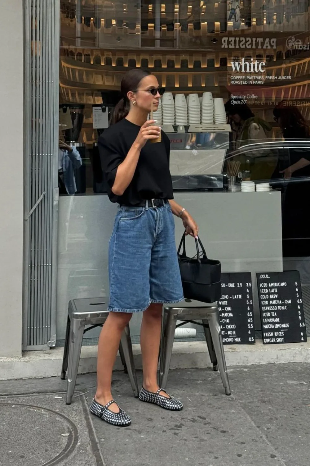 Black Tee & Denim Bermudas