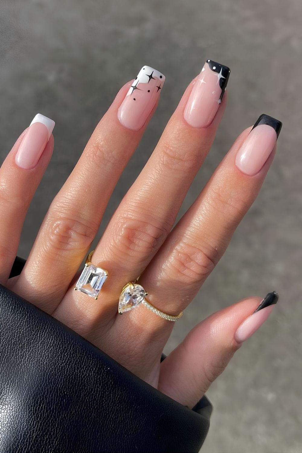 Black and white celestial French manicure