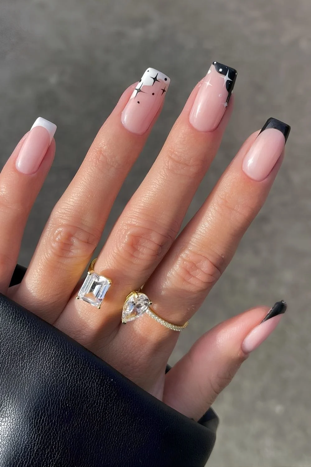 Black and white celestial French manicure