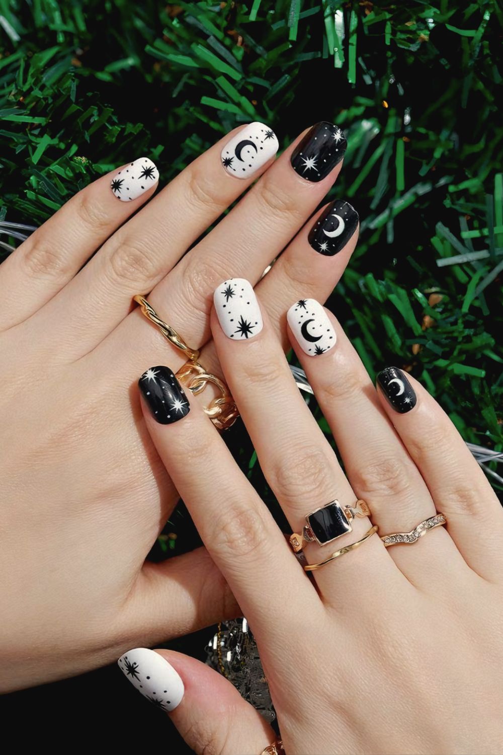 Black and white celestial nails