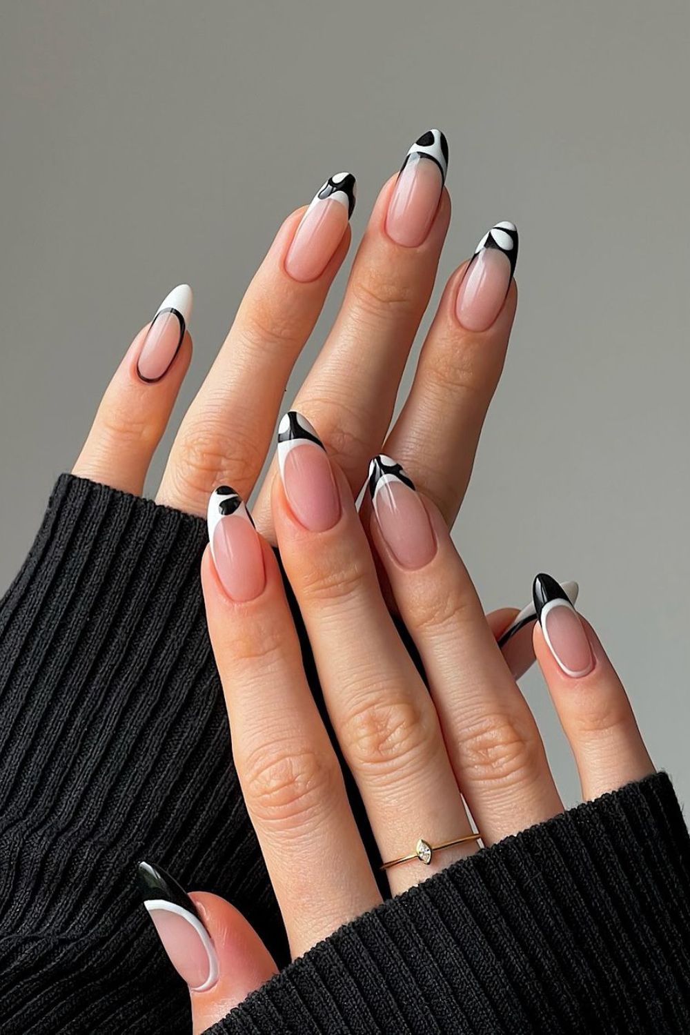 Black and white floral french nails