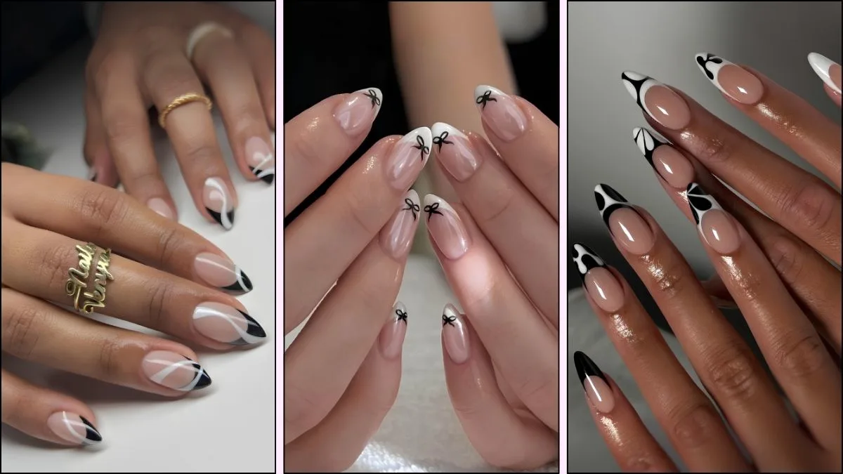 A collage of black and white nail designs