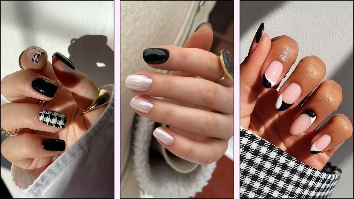 A collage of black and white nails designs