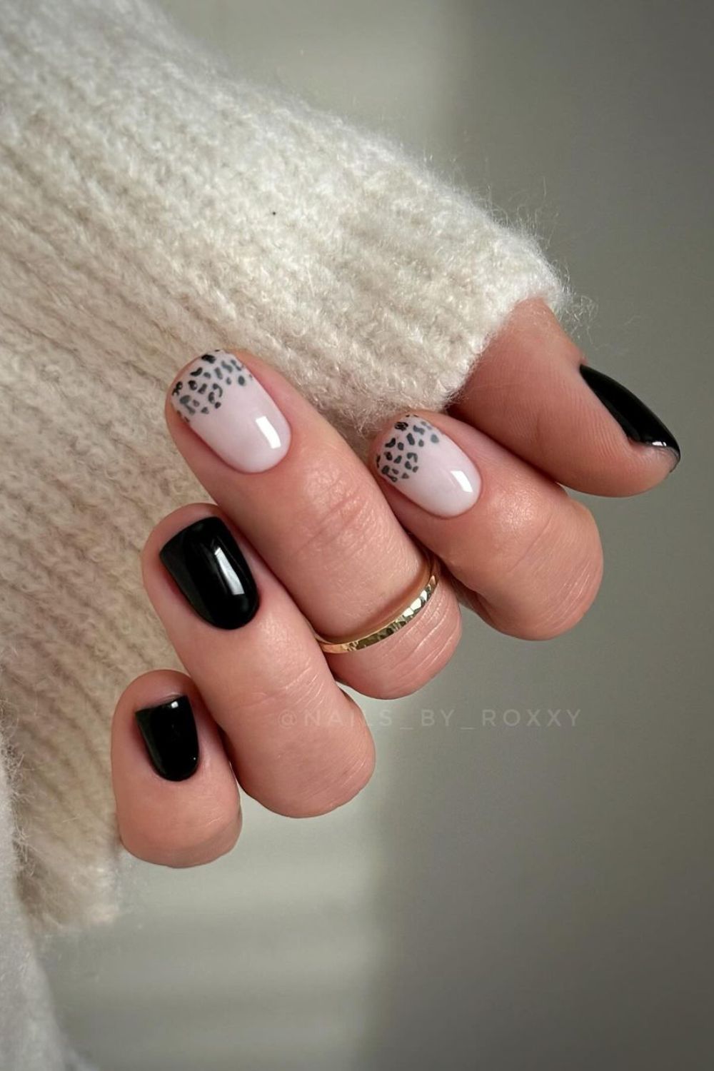 Black and white nails with leopard print