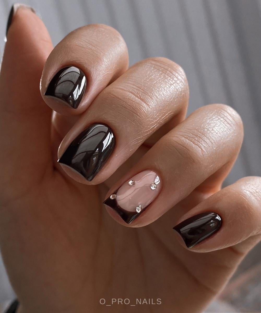 Black cherry nails with gem accents