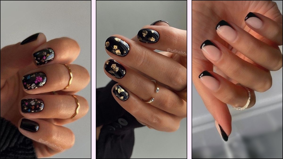 A collage of black nail designs for fall