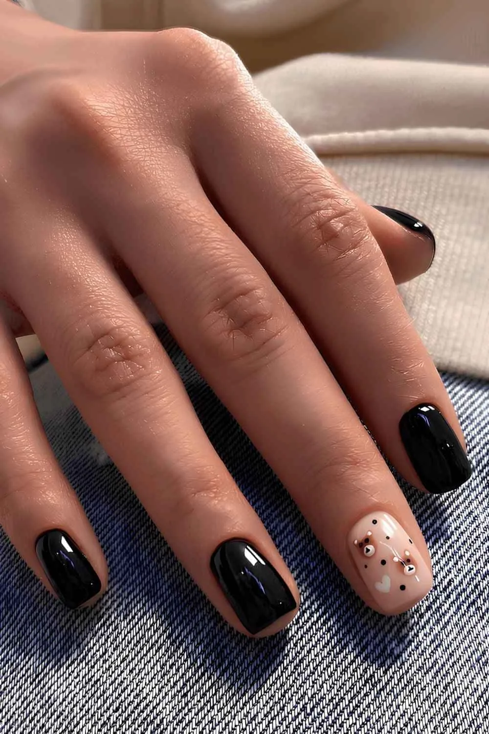 Black fall nails with teddy bear art