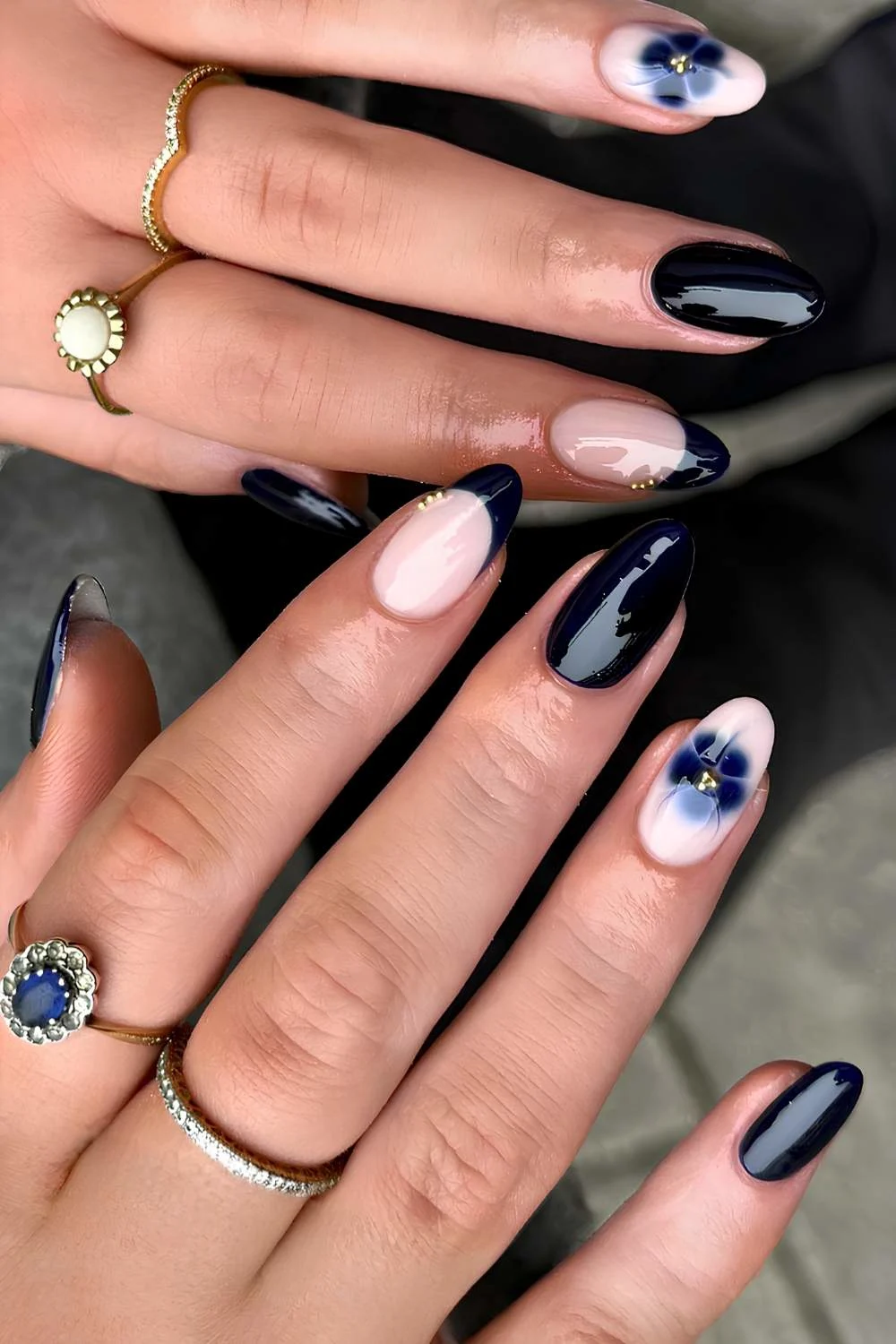 Black mani with blooming gel flowers