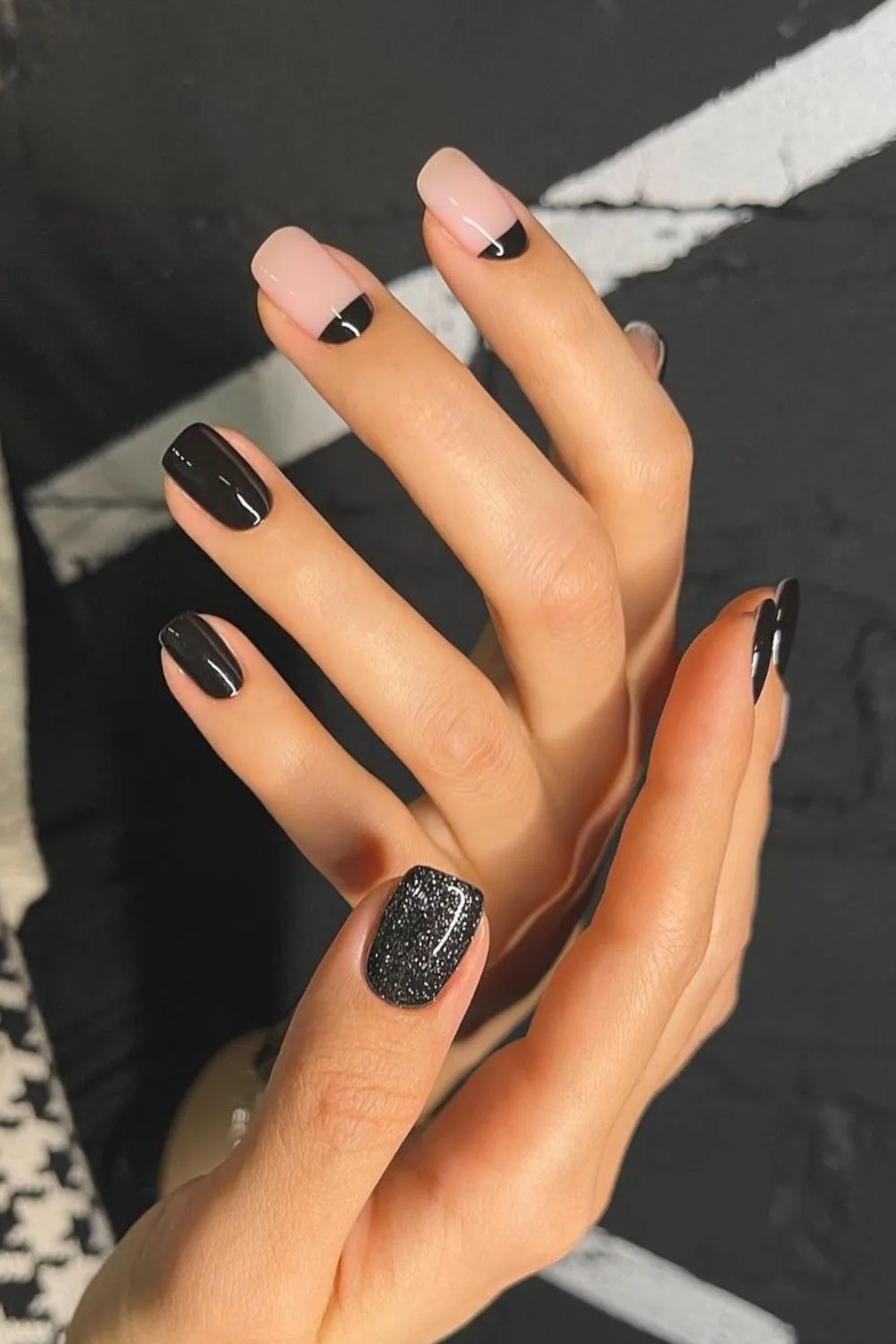 Black mani with reverse french accent nails