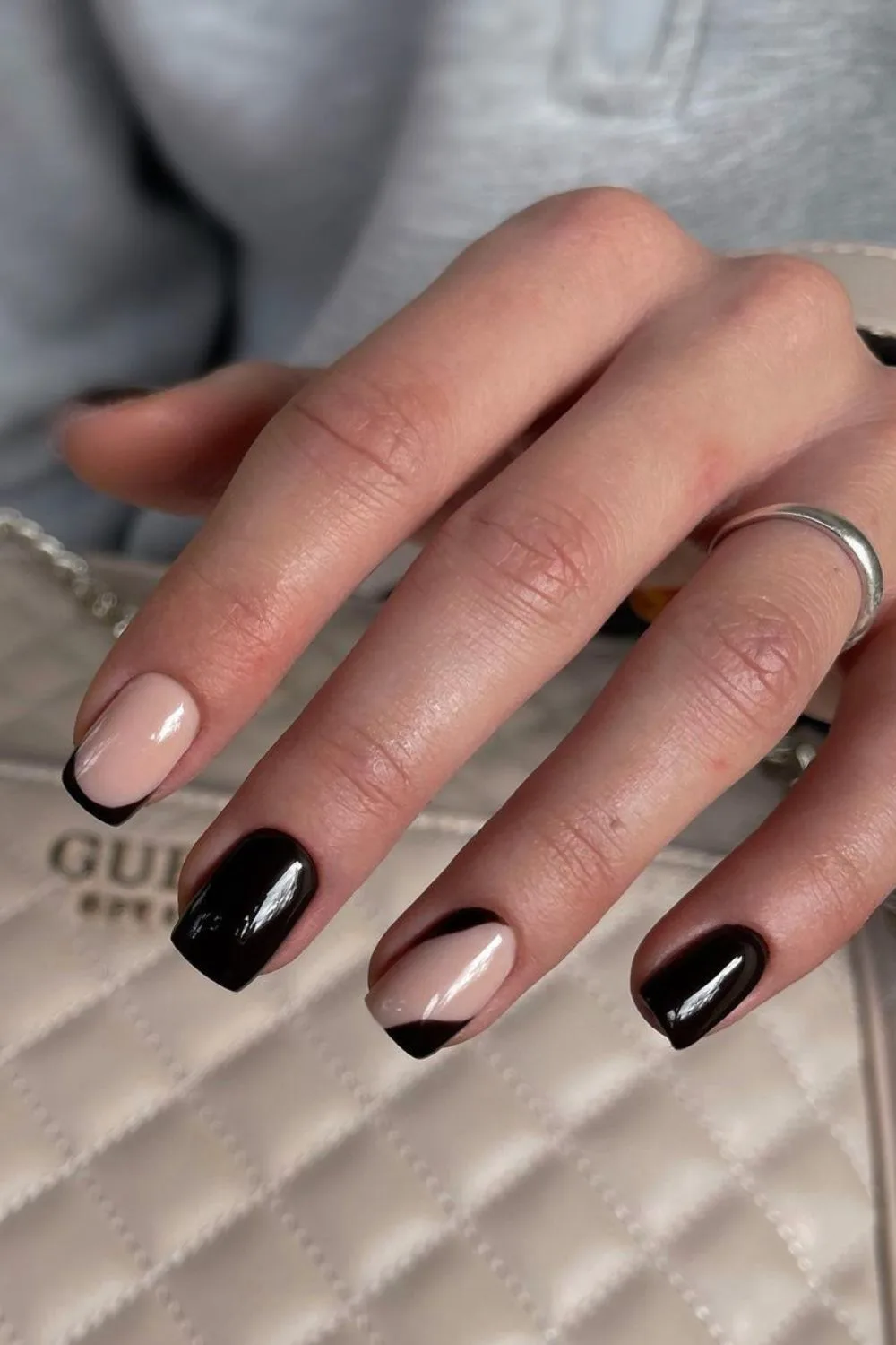 Black nails with negative space accent