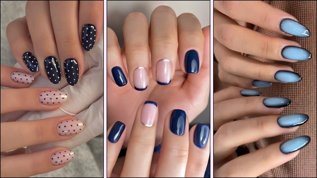 A collage of blue nail designs for fall