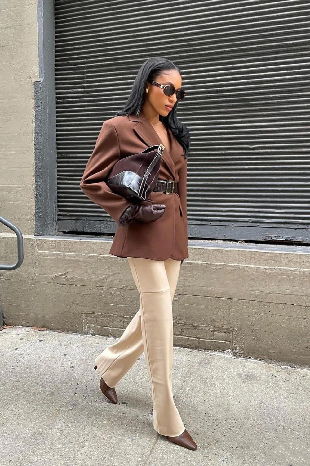 Brown Blazer with Cream Pants