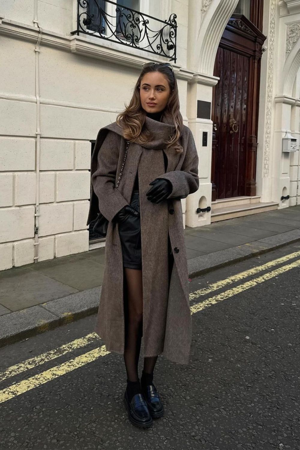 Brown Coat & Leather Shorts