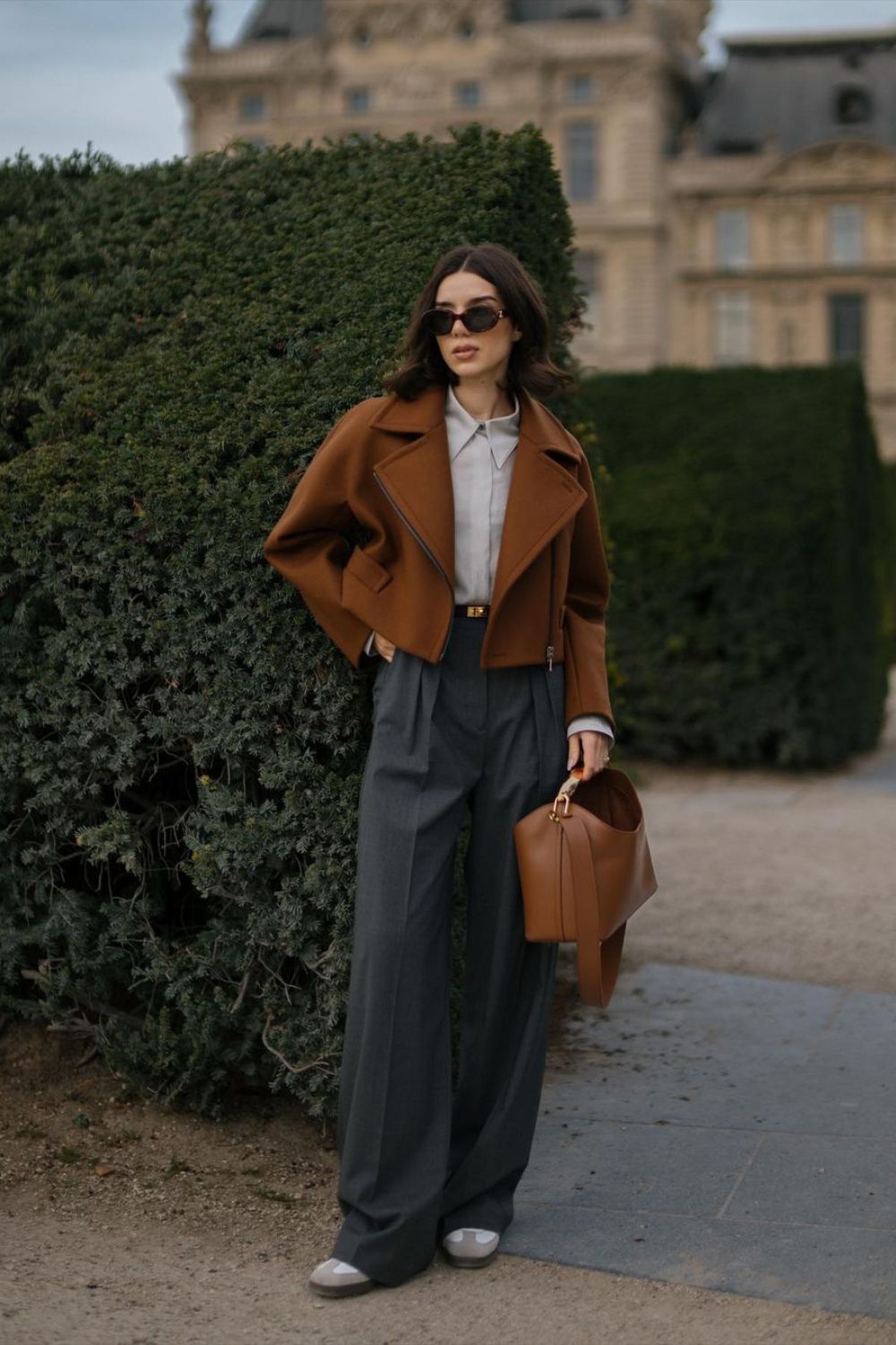 Brown Cropped Jacket & Gray Trousers