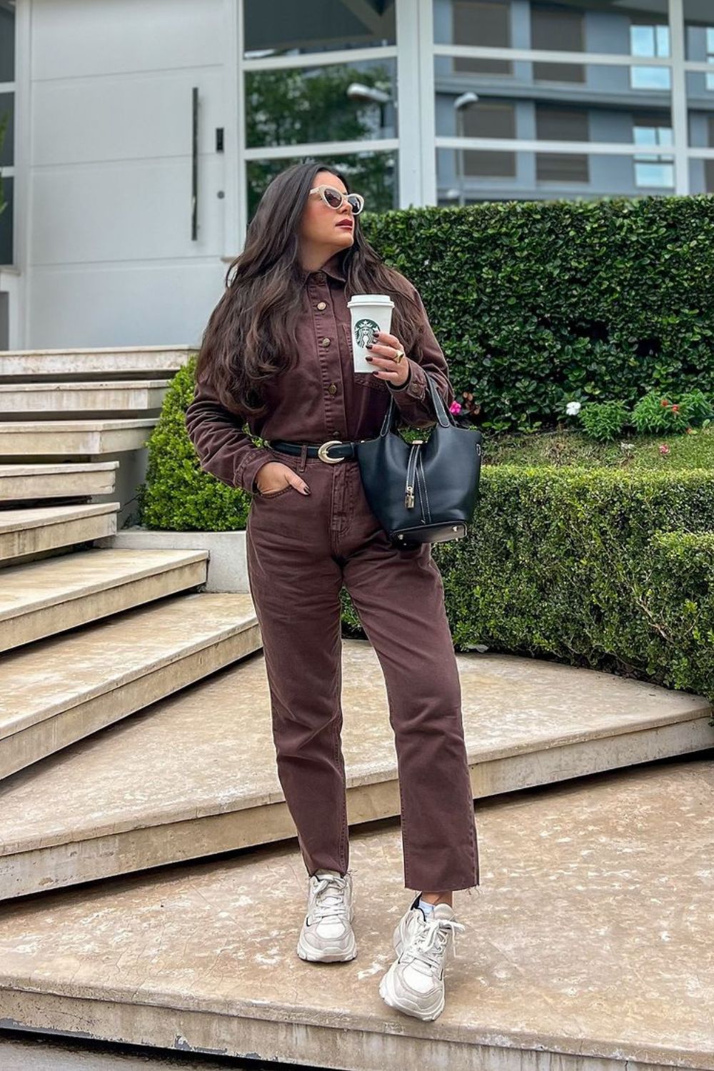 Brown Jumpsuit with Sneakers