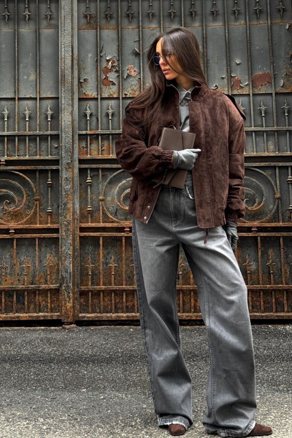 Brown Suede Jacket with Gray Jeans