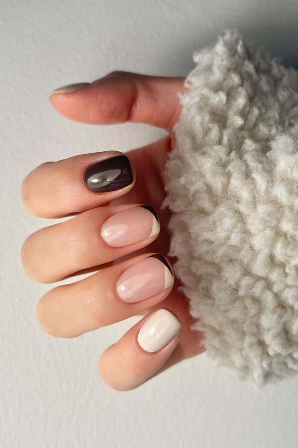 Brown and beige nails with accent french tips